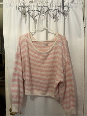 Pink & White Striped Knit Off the Shoulder Sweater